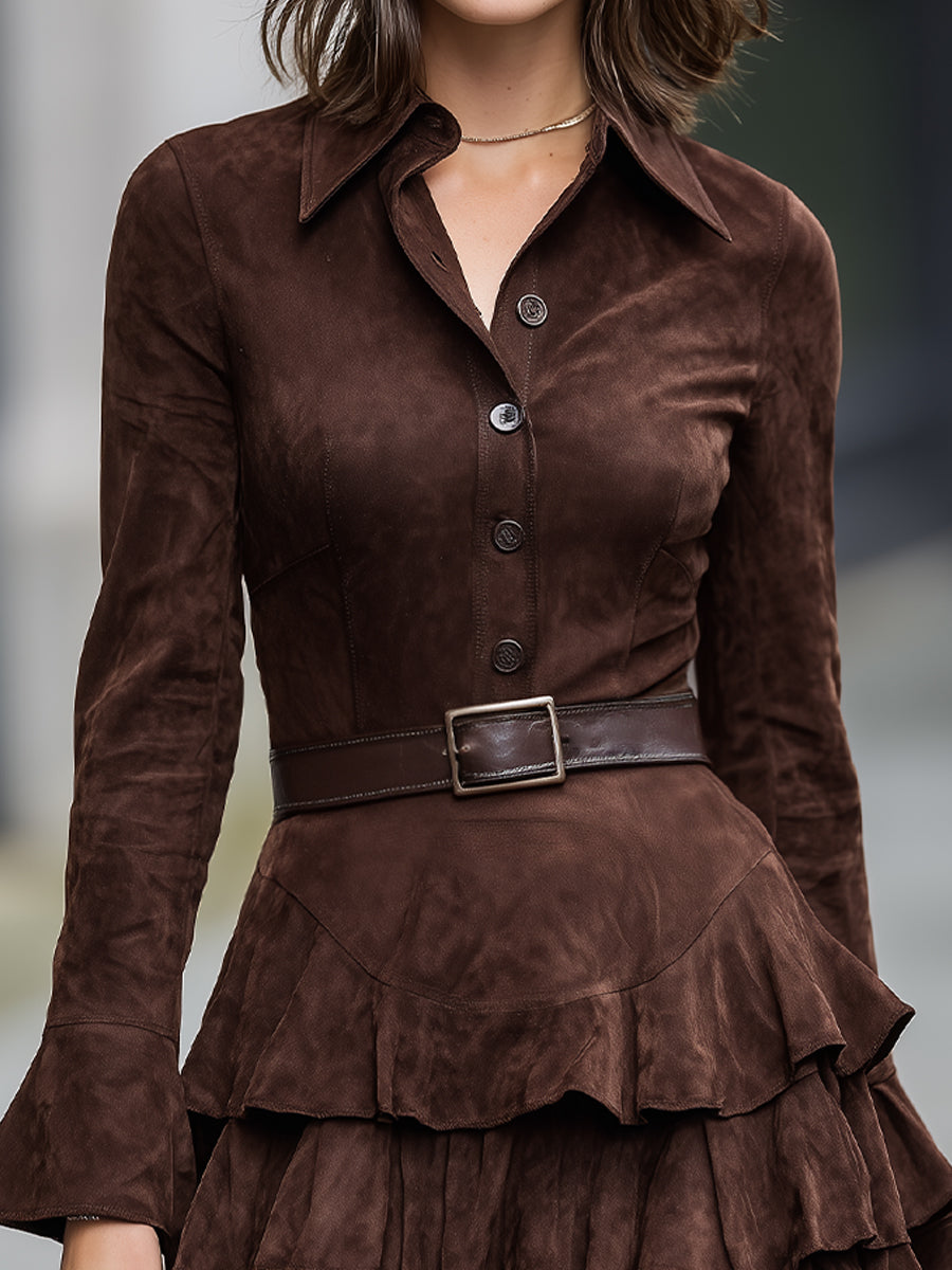 Chocolate Brown Suede Ruffled Mini Shirt Dress