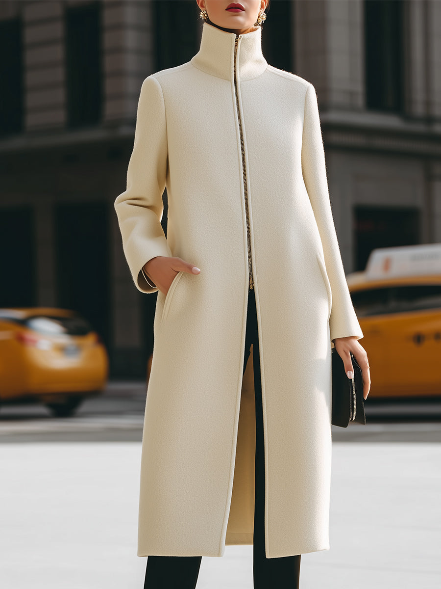 Cream High - Neck Zip - Front Maxi Coat