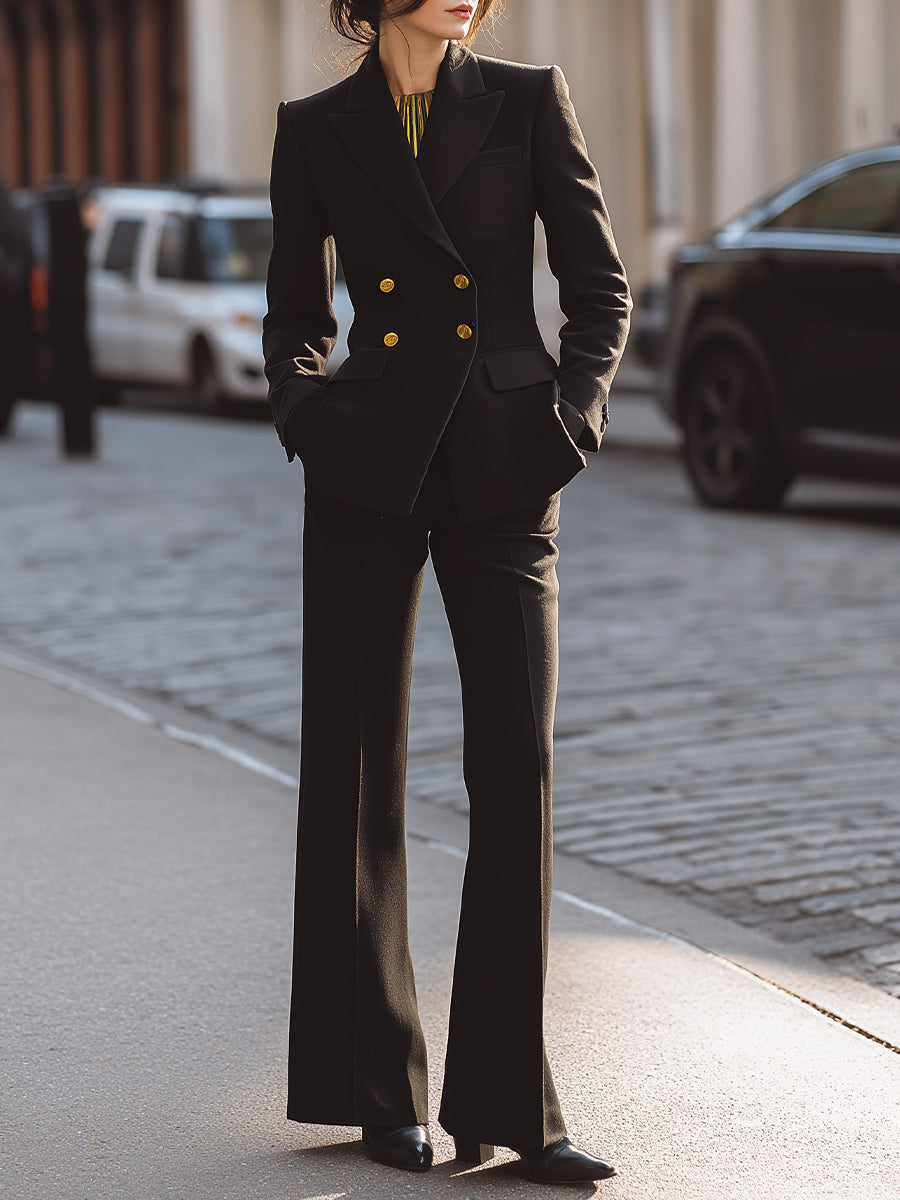 Black Double-Breasted Blazer And Wide-Leg Trousers Set