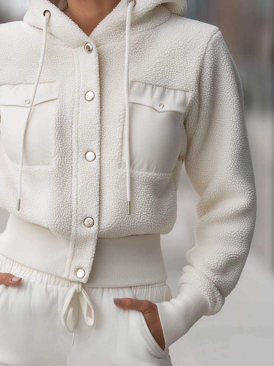 Polar Fleece Panelled Cropped Hoodie Jacket