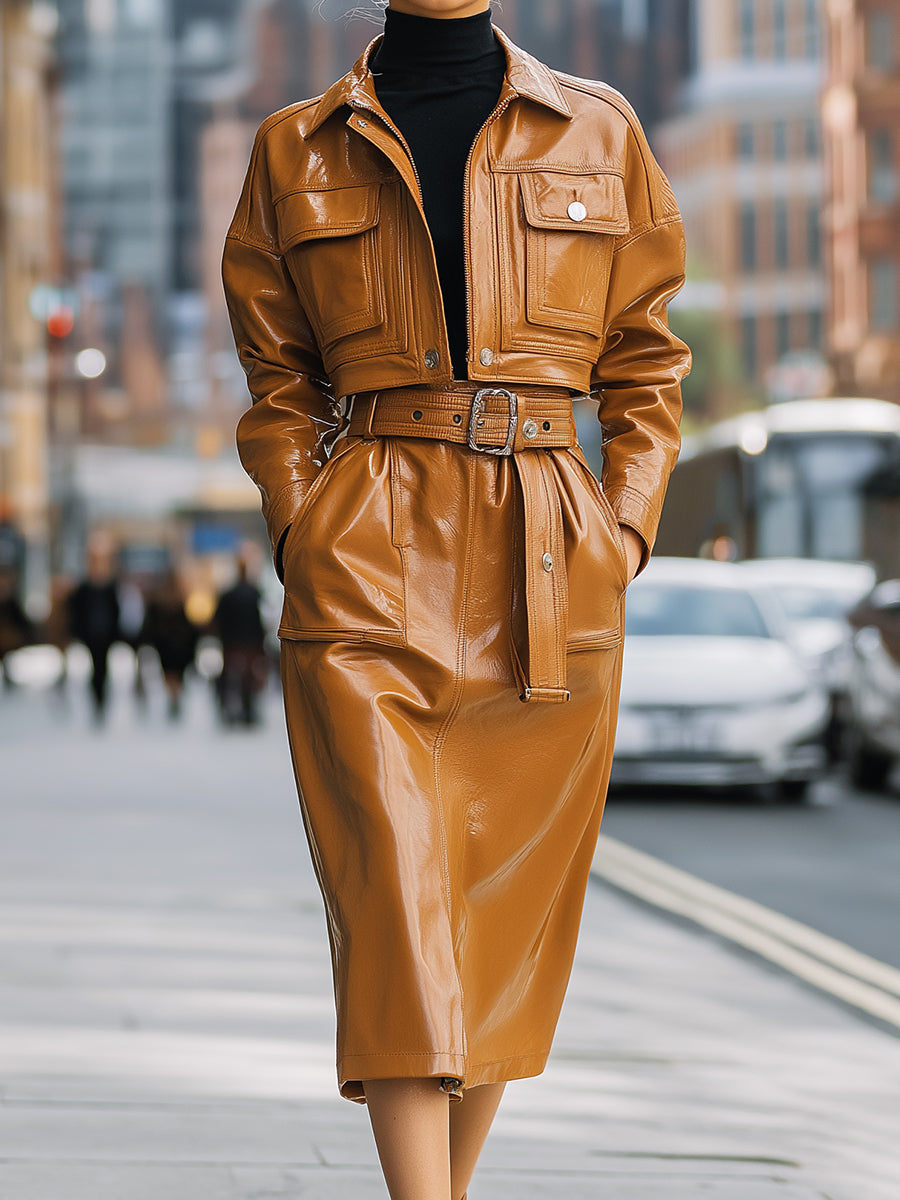 Caramel Faux Leather Belted Jacket And Skirt Set