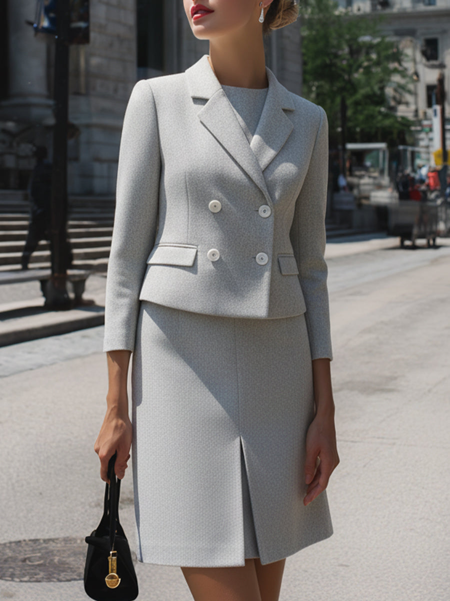 Light Grey Double-Breasted Skirt Suit