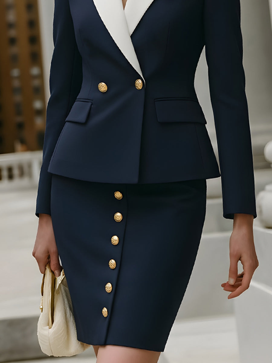 Navy Contrast Lapel Skirt Suit With Gold Buttons