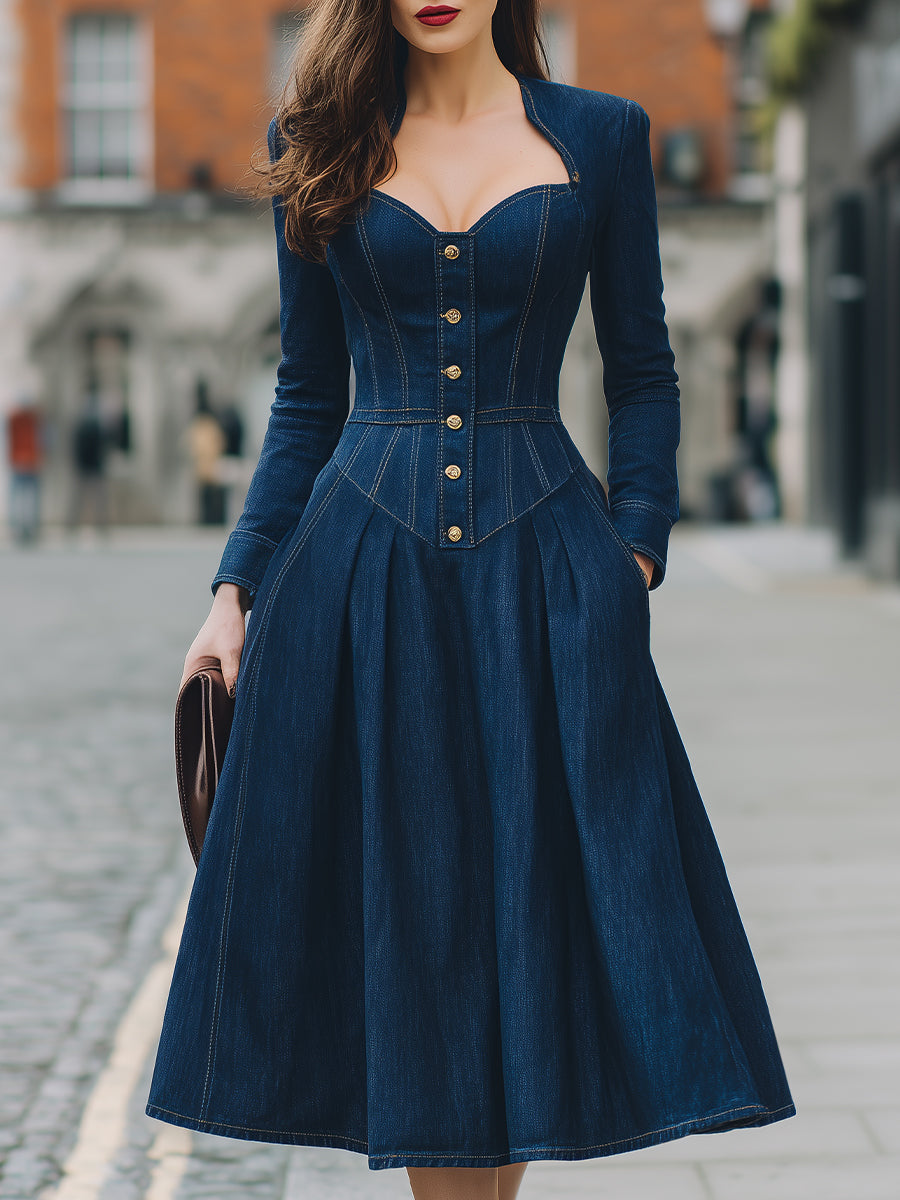 Curve-Hugging Vintage Denim Midi Dress With Sweetheart Neckline