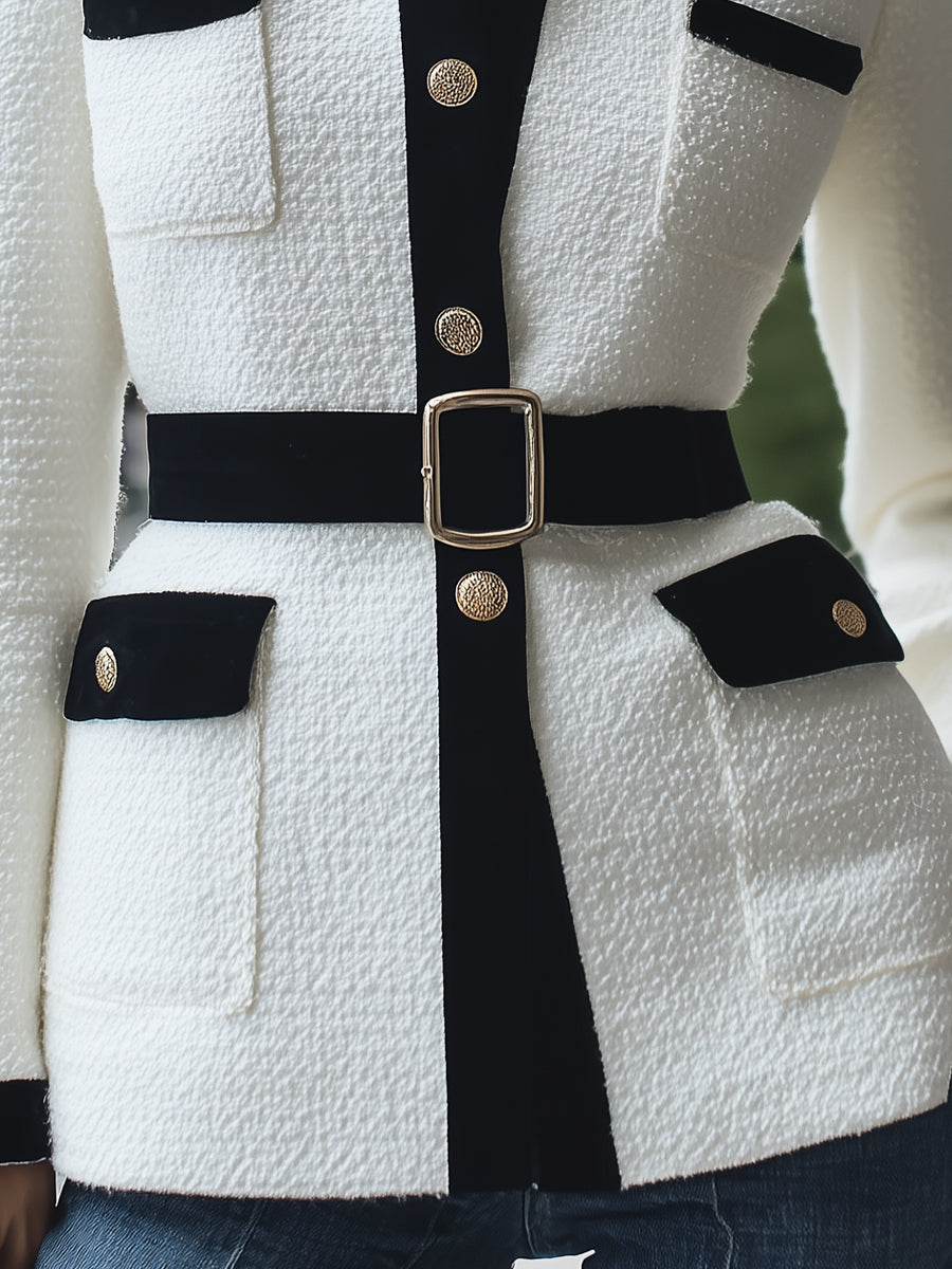 Elegant Black - Trimmed White Tweed Jacket