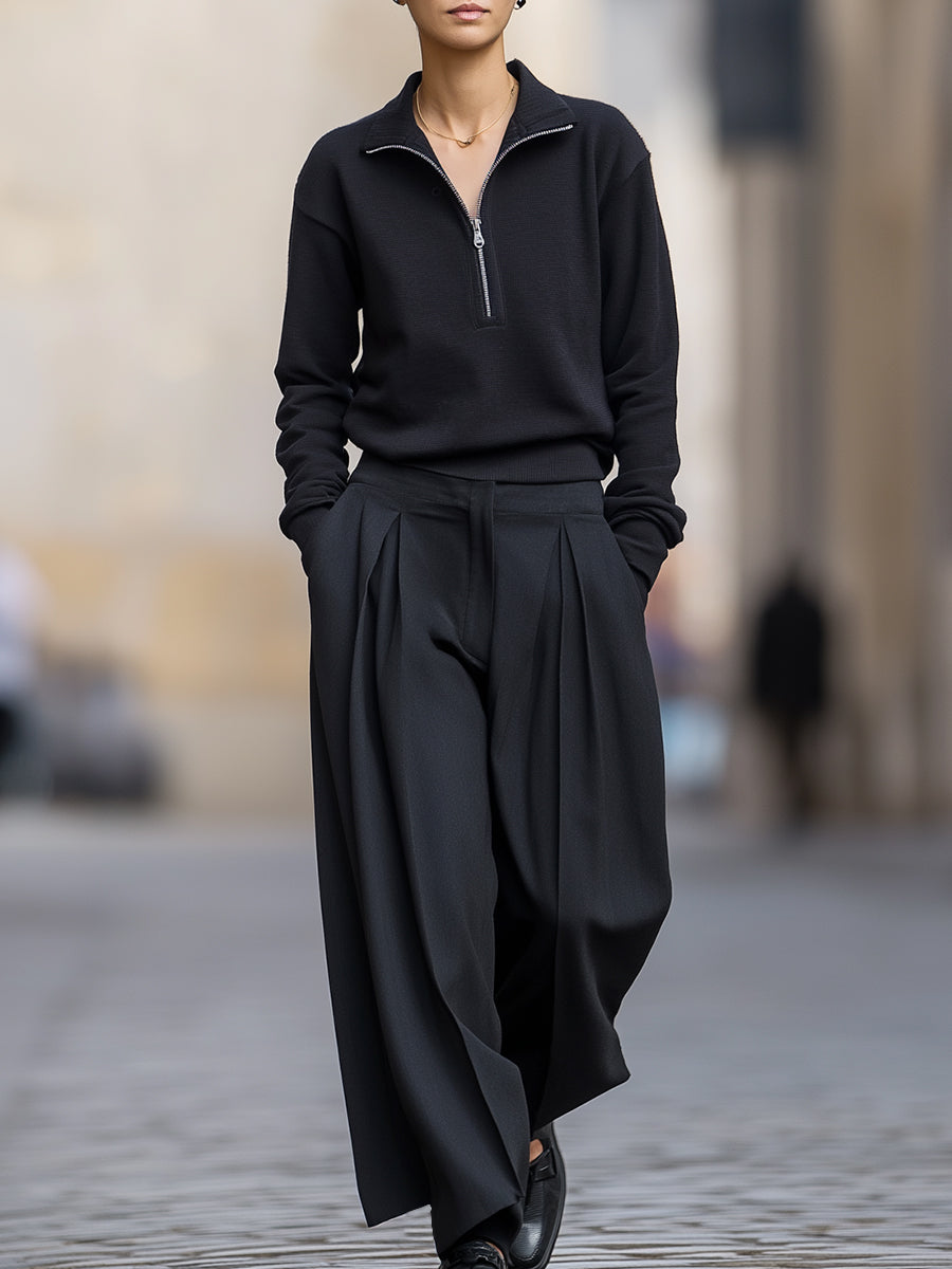 Minimalist Half-Zip Pullover And Wide-Leg Pleated Trousers Set