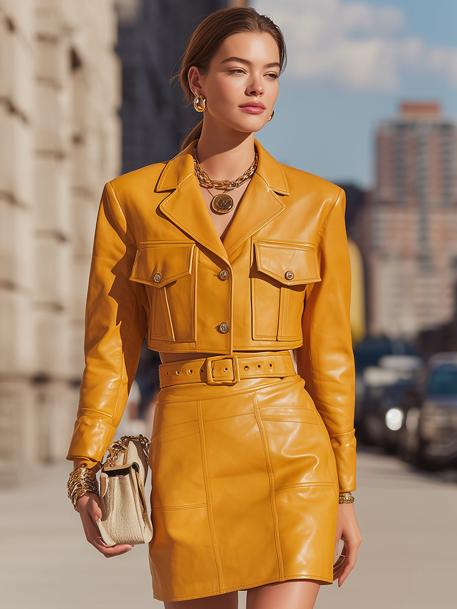 Mustard Yellow Leather Jacket And Skirt Set With Belted Waist