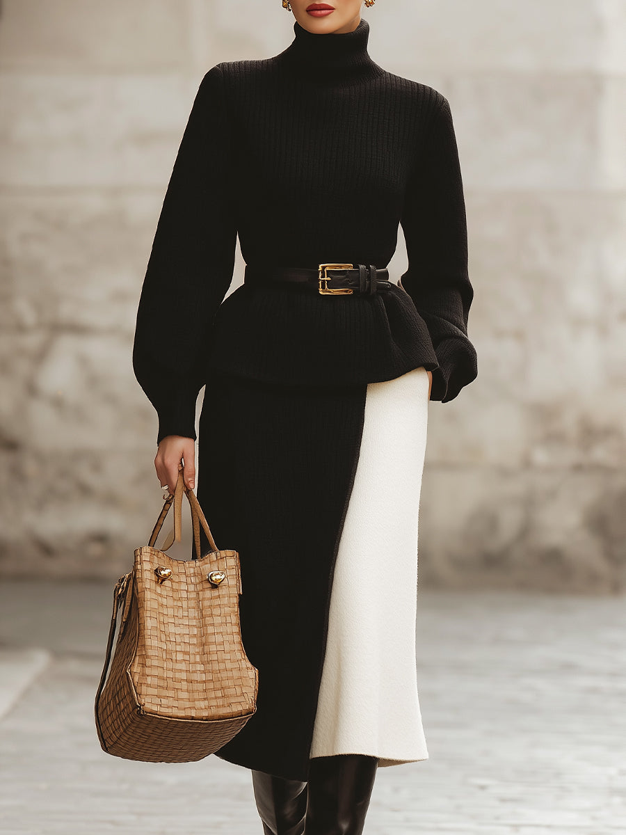 Black And Ivory Color-Block Knit Set With Belt