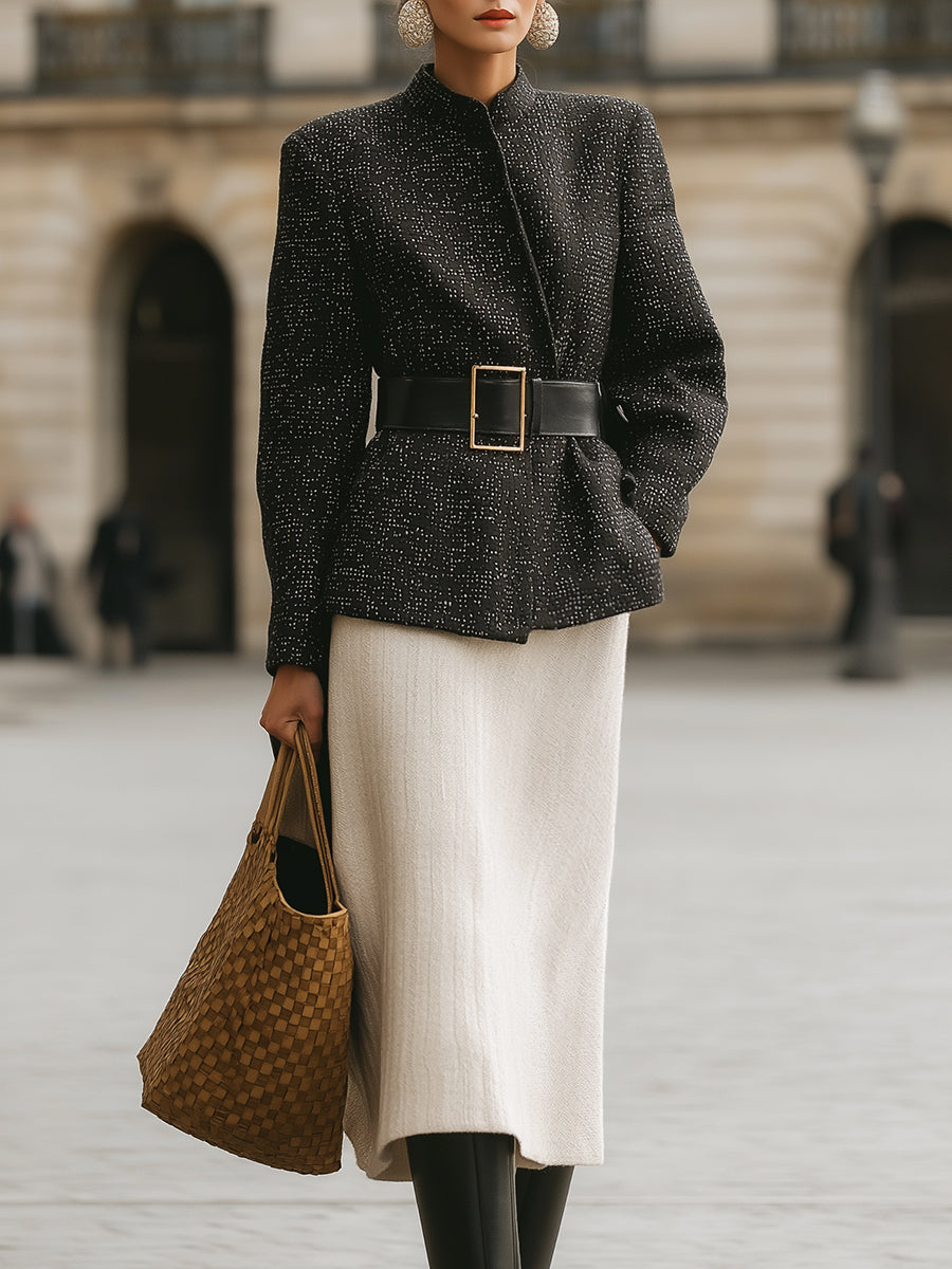 Black Tweed Jacket And Ivory Midi Skirt Set With Contrast Belt