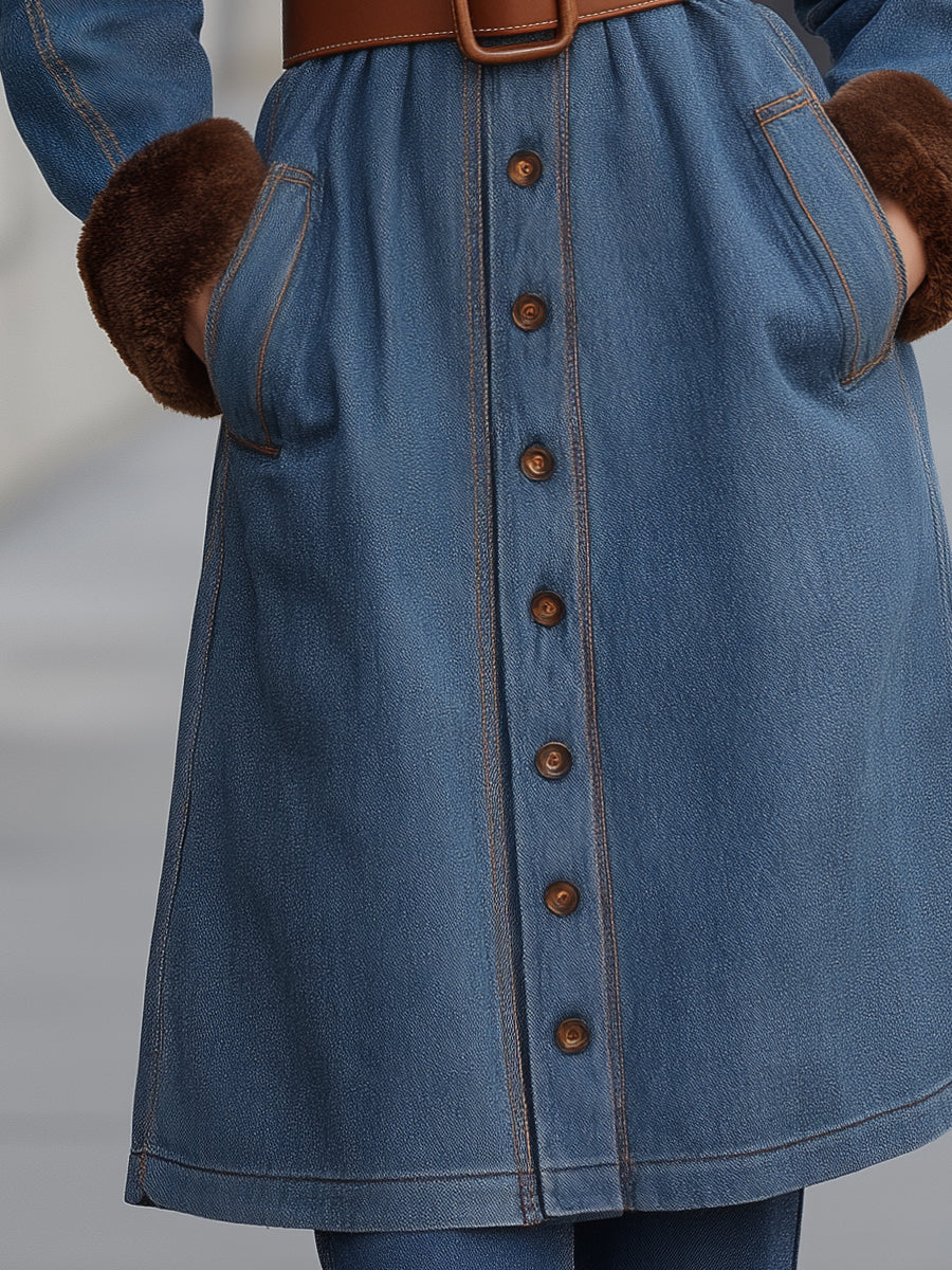 Belted Denim Coat With Faux Fur Trim