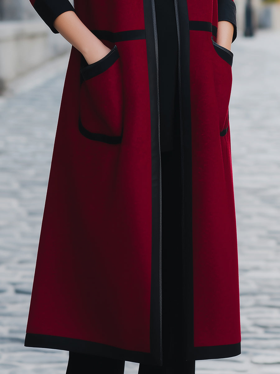 Elegant Contrast-Trim Functional Pockets Wool Coat