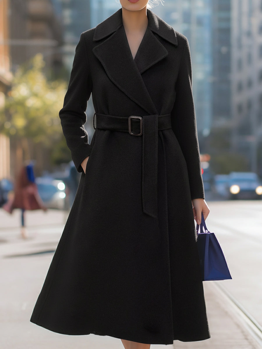 Belted Lapel Collar Wool-Blend Midi Coat