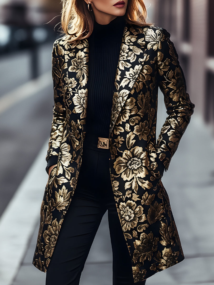 Mooyius Black & Gold Floral Jacquard Longline Coat