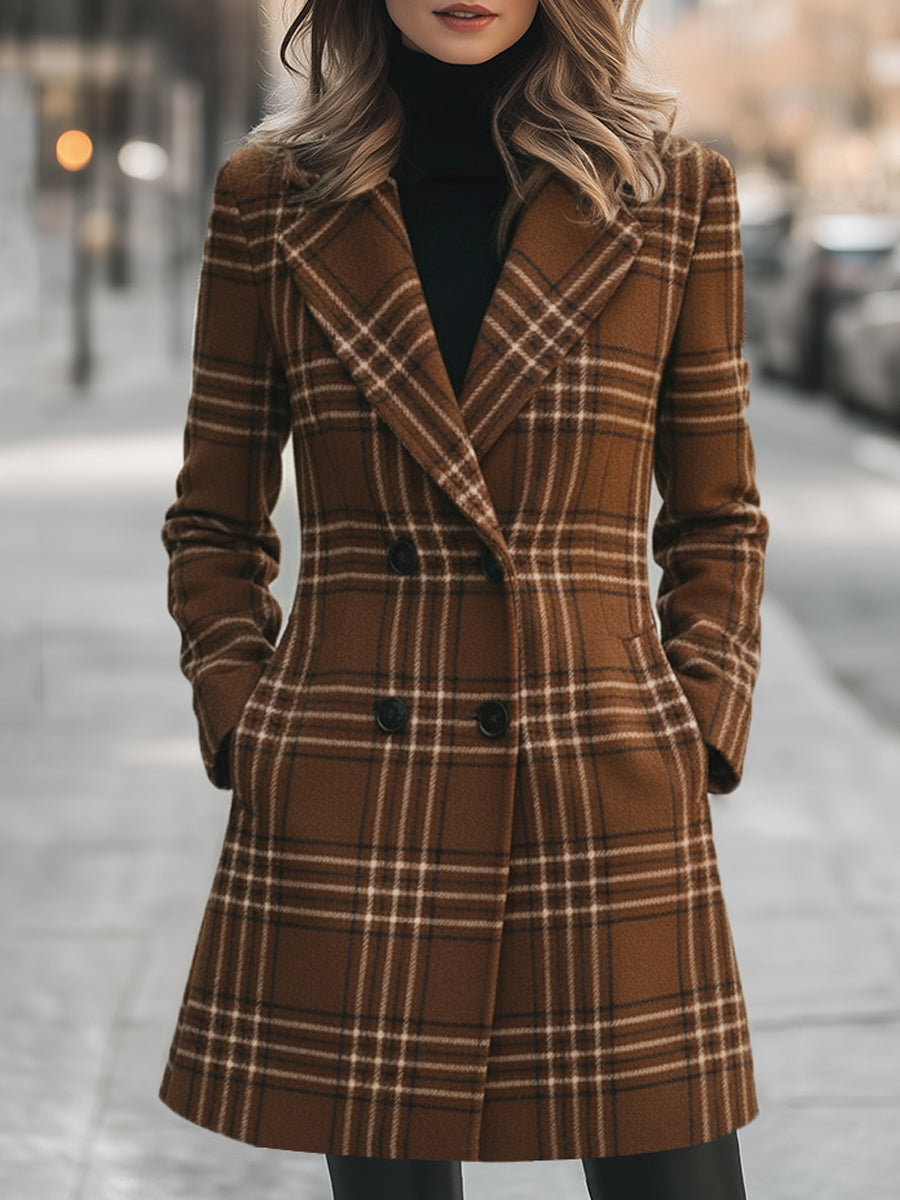 Mooyius Brown Plaid Double-Breasted Wool  Blend Coat
