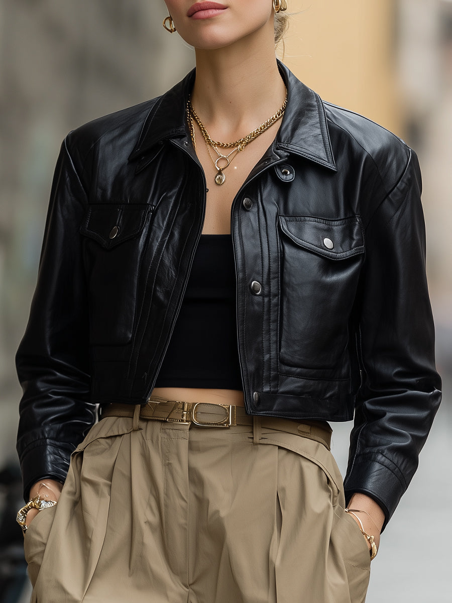 Black Cropped Leather Jacket With Structured Detailing