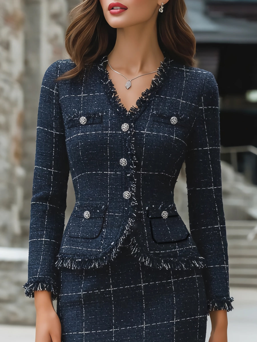 Midnight Check Tweed Skirt Suit With Frayed Edge Details