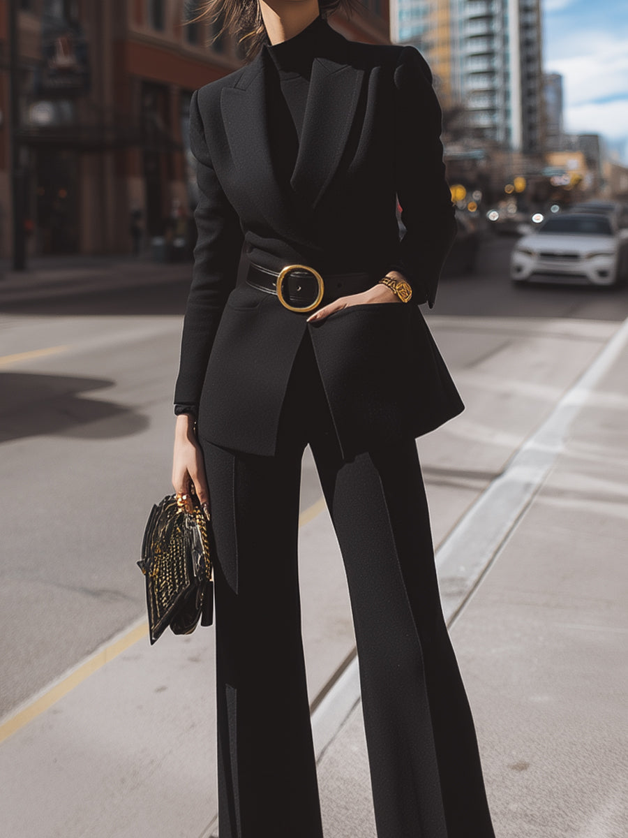 Black Tailored Blazer And Wide-Leg Trouser Set With Statement Belt