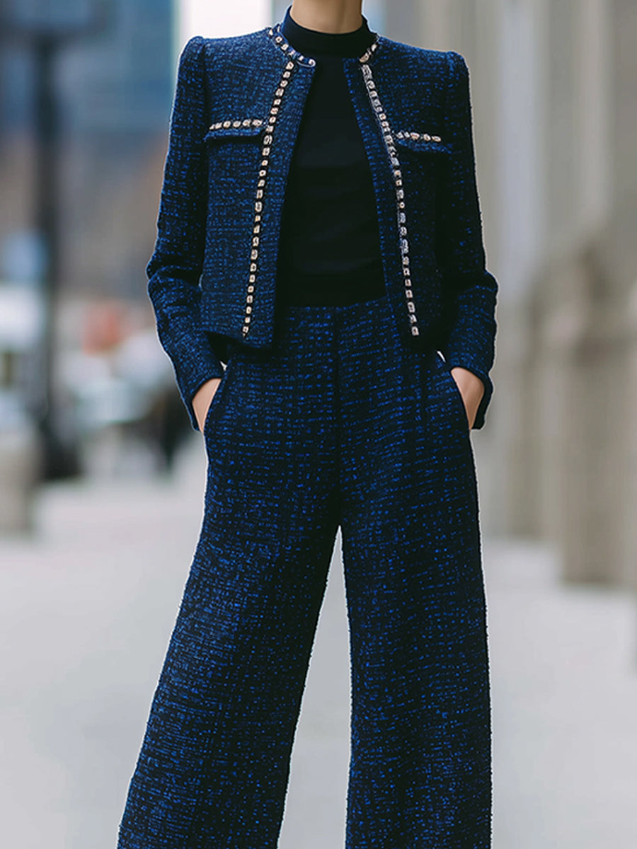 Midnight Blue Tweed Wide-Leg Pant Suit