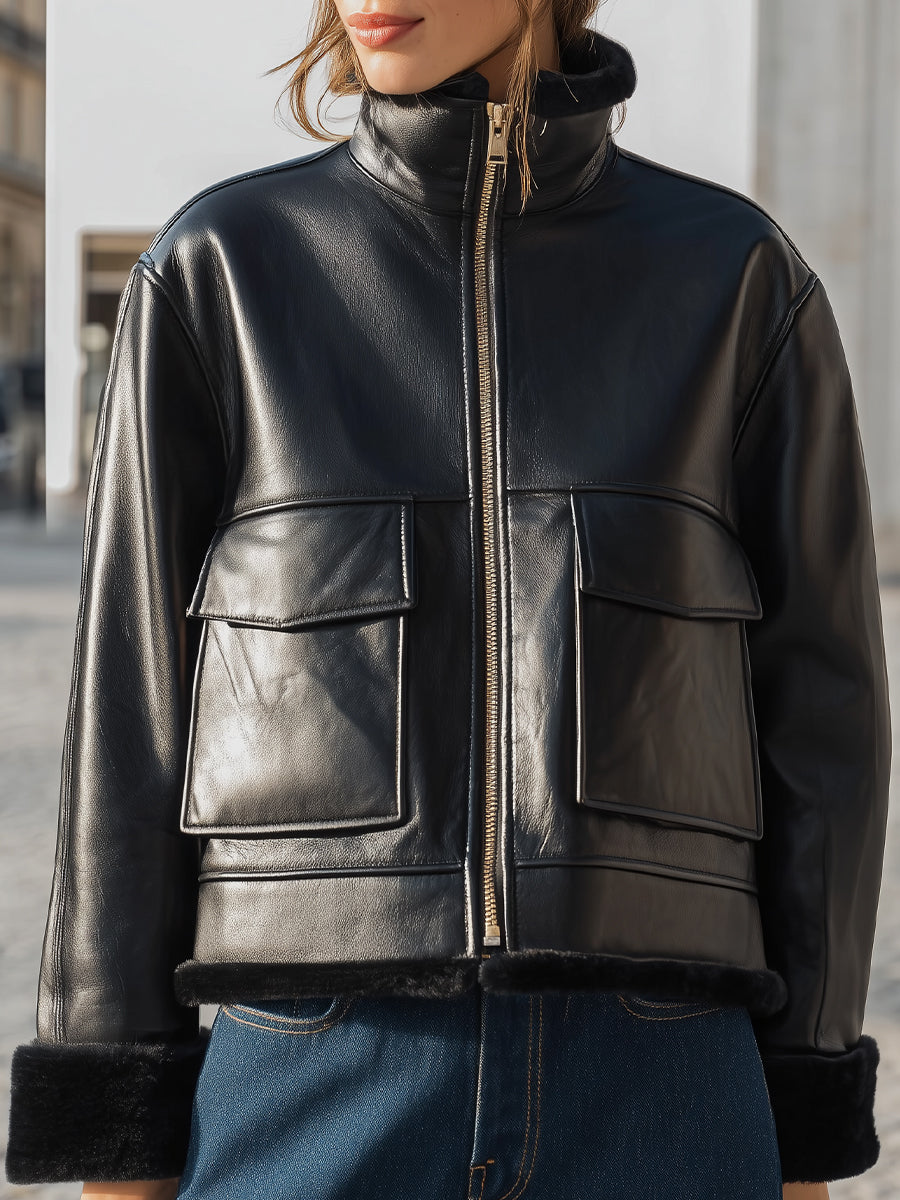 Black Faux Leather Shearling - Lined Cropped Jacket