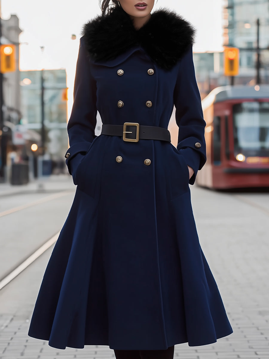 Faux Fur Collar Double-Breasted Belted Midi Coat