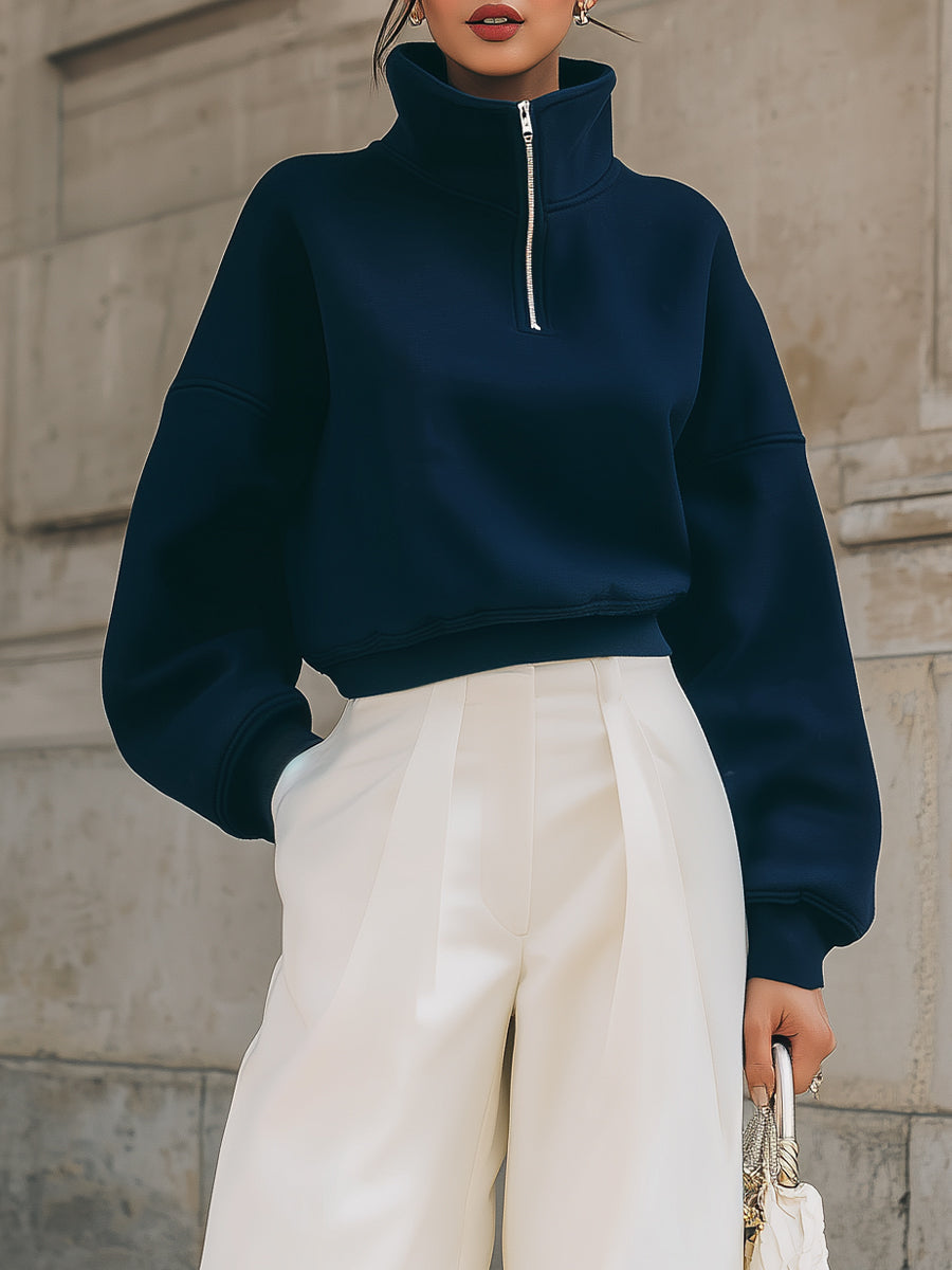 Navy Blue Cropped Sweatshirt And White Wide - Leg Trousers Set