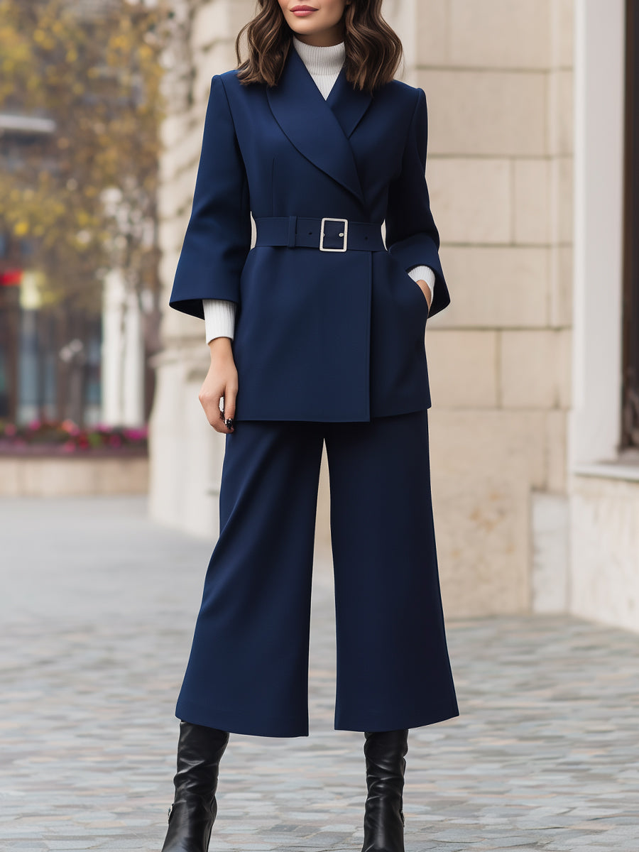 Belted Blazer Wide-Leg Cropped Trousers Suit Set
