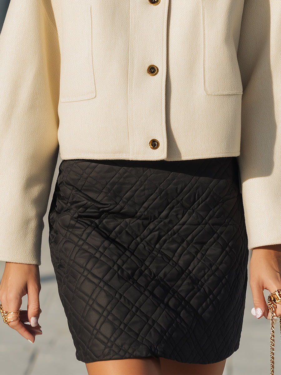 Ivory Cropped Jacket With Quilted Skirt Set