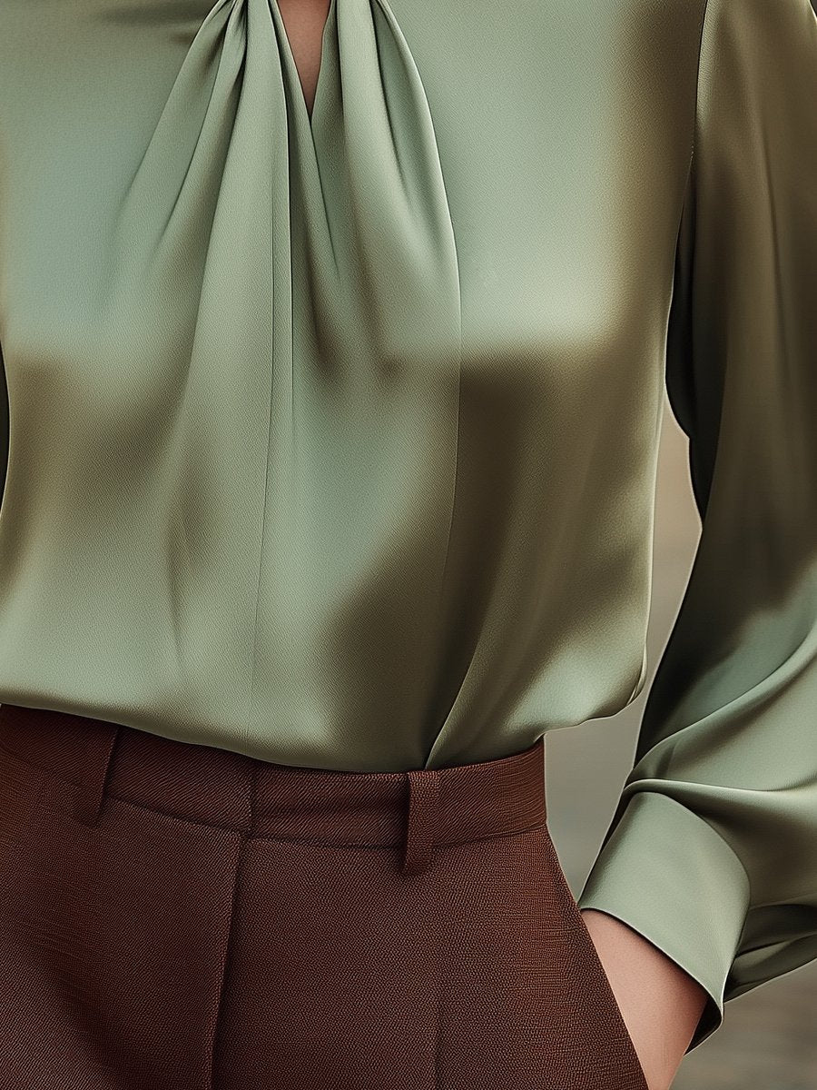 Sophisticated Sage Satin Blouse with Knot Neckline