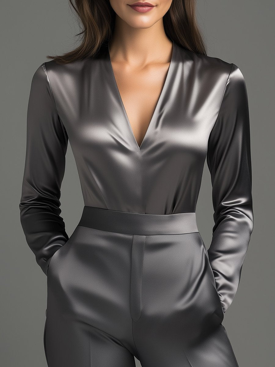 Charcoal Grey Satin Blouse with Subtle Tailored Fit