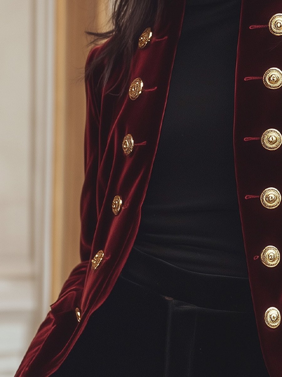 Chic Velvet Jacket with Bold Gold Accents
