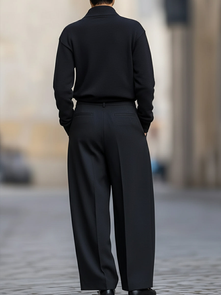 Minimalist Half-Zip Pullover And Wide-Leg Pleated Trousers Set
